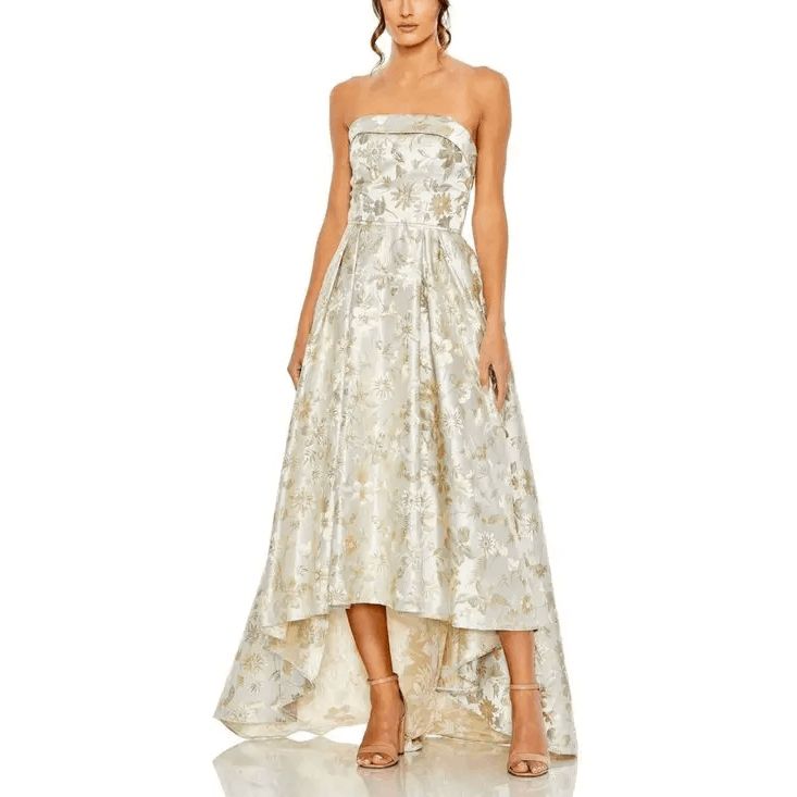Mac Duggal White And Gold Brocade Strapless Golden Floral High Low Gown In White